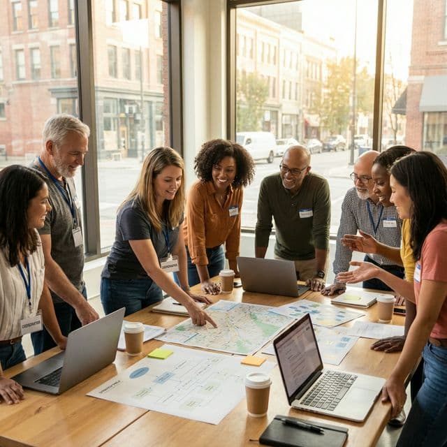 Diverse group of volunteers and coordinator collaborating around a strategy table