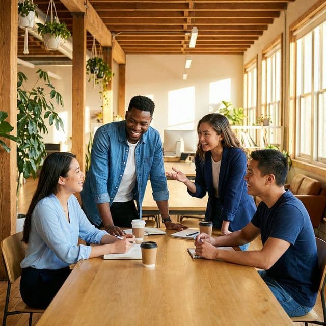 Group of volunteers having a lively discussion at a co-working space